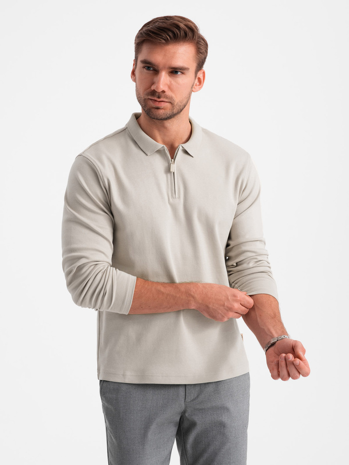 Pánske polo tričko s dlhým rukávom a golierom na zips - popol V2 OM-POLS-0130