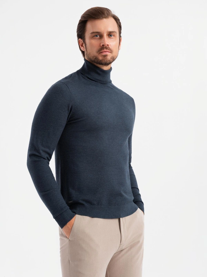 Men's knitted turtleneck with viscose - navy blue V4 OM-SWTN-0127