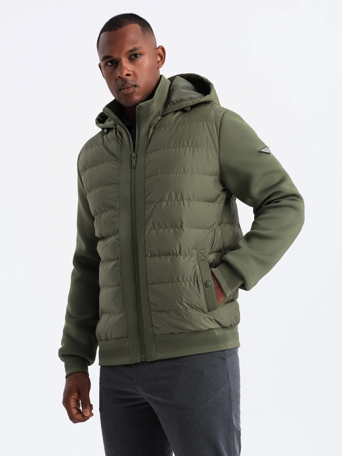 Men's quilted bomber jacket with high collar - dark olive green V3 OM-JALP-0140