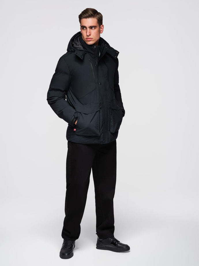 Men's winter jacket with detachable hood in waterproof material - black V3 OM-JAHP-0306