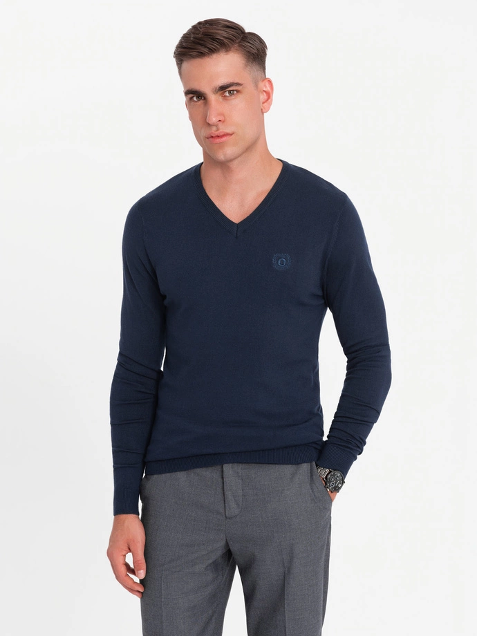 Men's elegant BASIC V-neck sweater with viscose - navy blue V2 OM-SWBS-0107