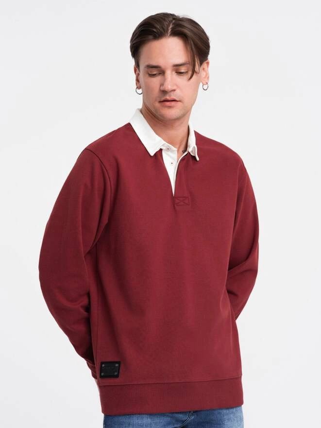 Men's sweatshirt with white polo collar - maroon V3 OM-SSNZ-0132