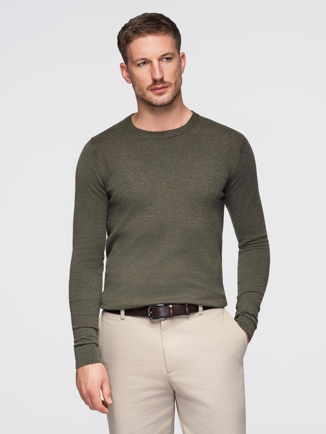 Men's BASIC viscose classic sweater with round neckline - olive melange V17 OM-SWBS-0106