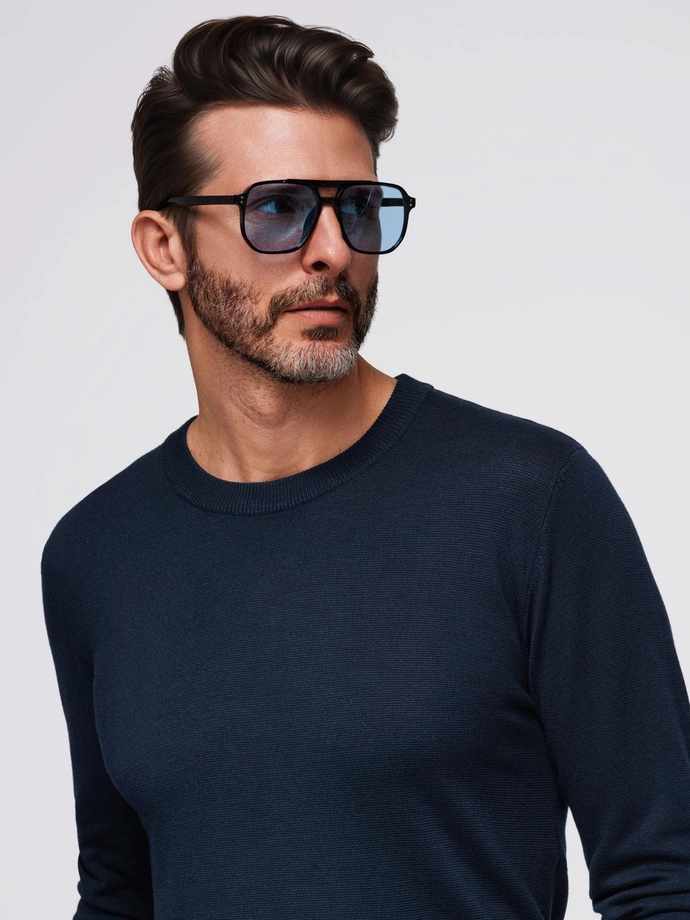Men's sweater with round neckline in stretch knit with classic weave - navy blue V1 OM-SWSW-0183
