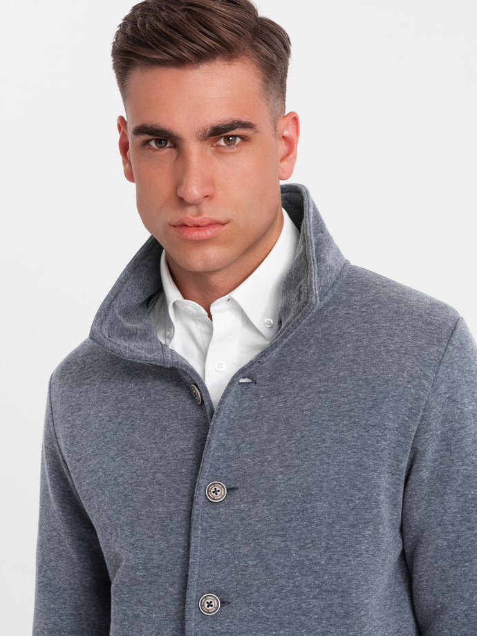 Men's casual sweatshirt with button-down collar - navy blue melange V5 OM-SSZP-0171