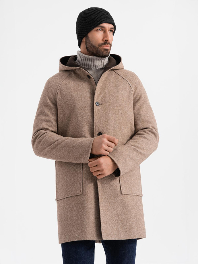 Melange long men's hooded coat - beige V2 OM-COWC-0122