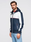 Men's contrast windbreaker jacket with hood - navy blue and white V1 OM-JANP-0228
