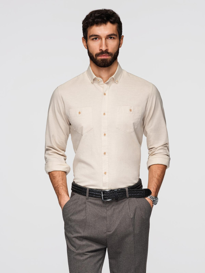 Men's linen shirt with classic collar and pockets REGULAR FIT - cream V3 OM-SHCS-0134