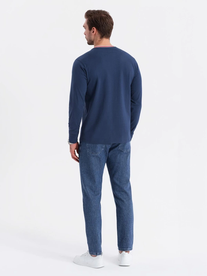 Men's cotton longsleeve with striped U neckline and embroidery - dark blue V3 OM-LSCL-0128
