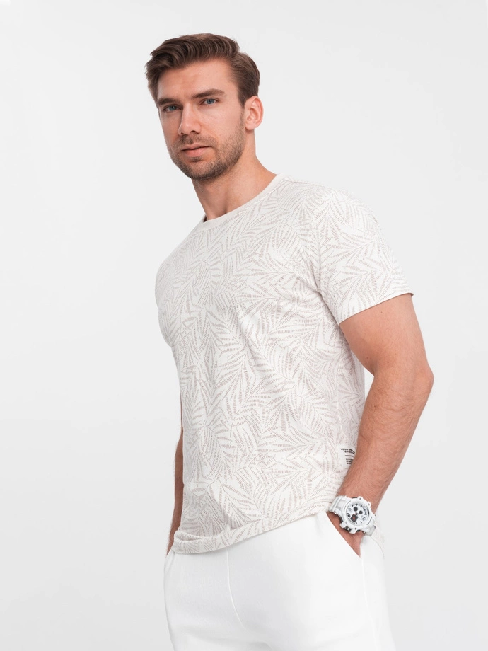 Men's fulllprint t-shirt in palm leaves - light beige V1 OM-TSFP-0182