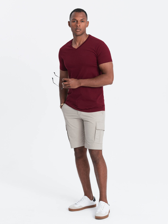 Tricou clasic din bumbac pentru bărbați BASIC cu guler în V - maro V9 OM-TSBS-0145