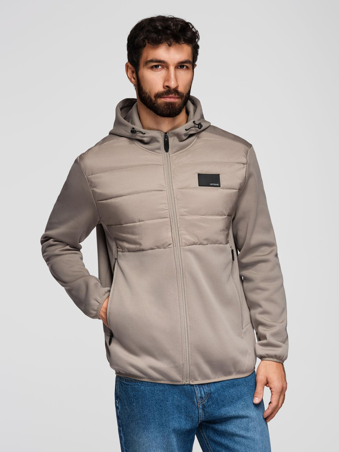 Men's lightweight jacket of combined materials with hood and decorative quilting - ash V3 OM-JANP-0160 