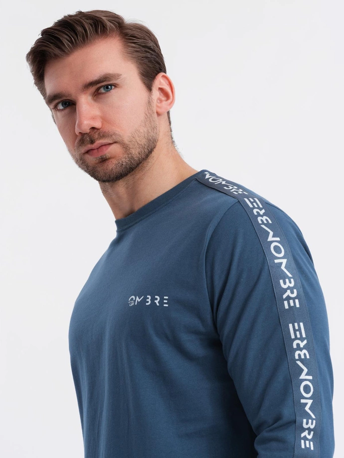 Men's cotton U-neck longsleeve with piping and chest print - dark blue V1 OM-LSCL-0127
