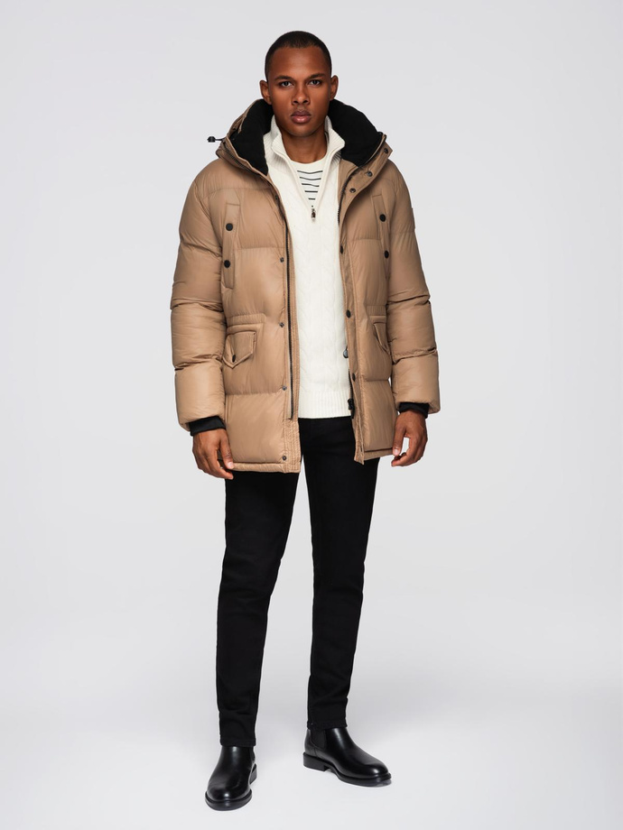 Pánská dlouhá péřová bunda s kapsami na patentky - hnědá V2 OM-JALJ-0186