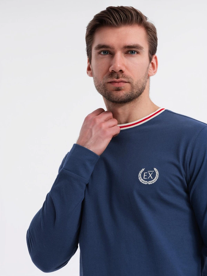 Men's cotton longsleeve with striped U neckline and embroidery - dark blue V3 OM-LSCL-0128