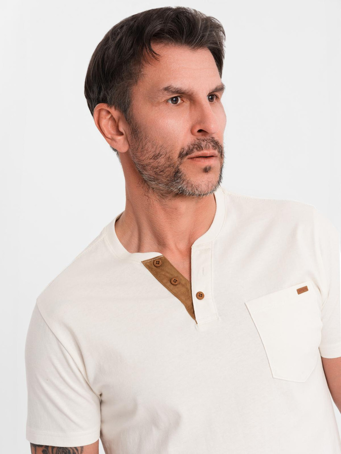 Men's t-shirt with button neckline and suede trim - white V1 OM-TSCT-0206
