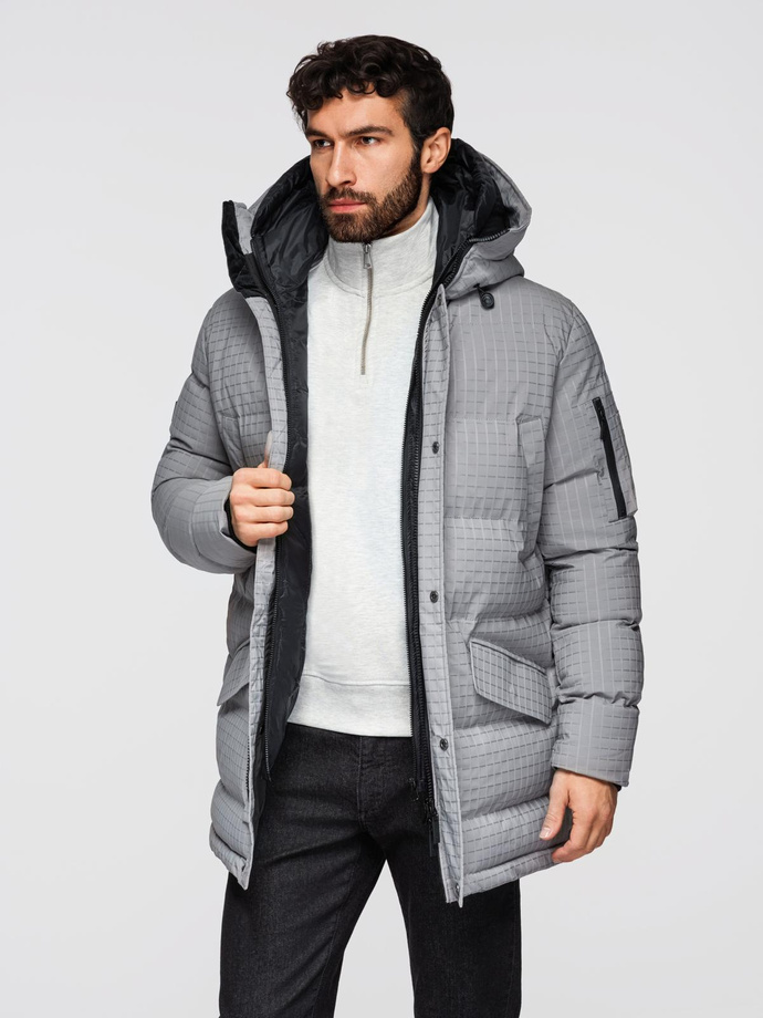 Outdoorová dlhá pánska bunda parka - sivá V2 OM-JALJ-0201