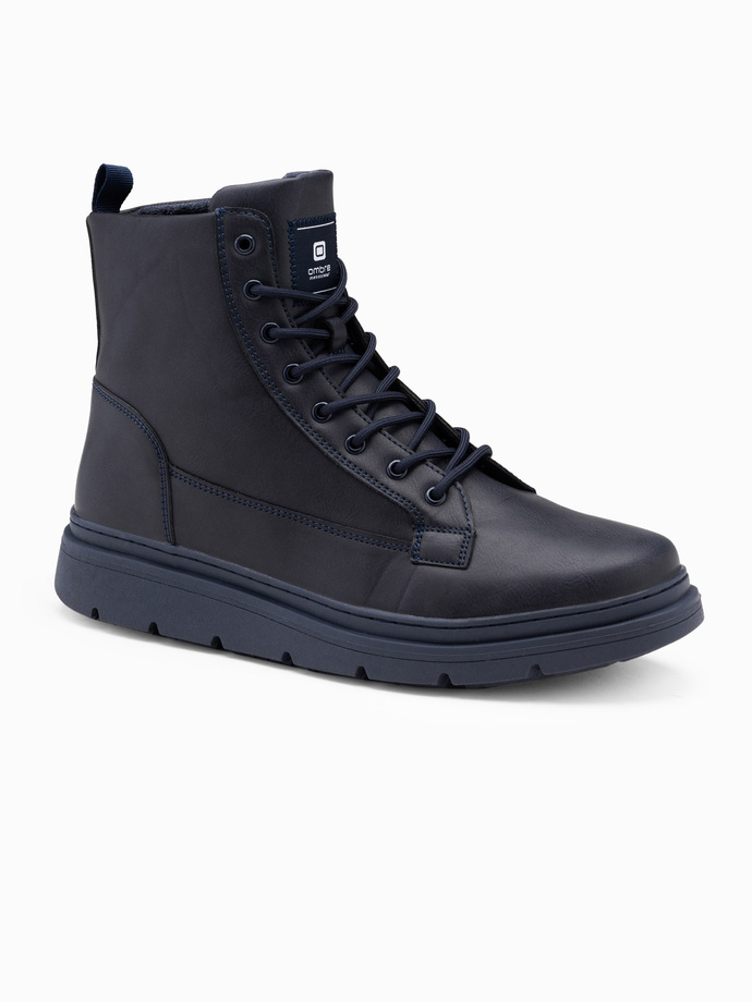 One-color men's high boots with decorative stitching - navy blue V4 OM-FOBO-0133