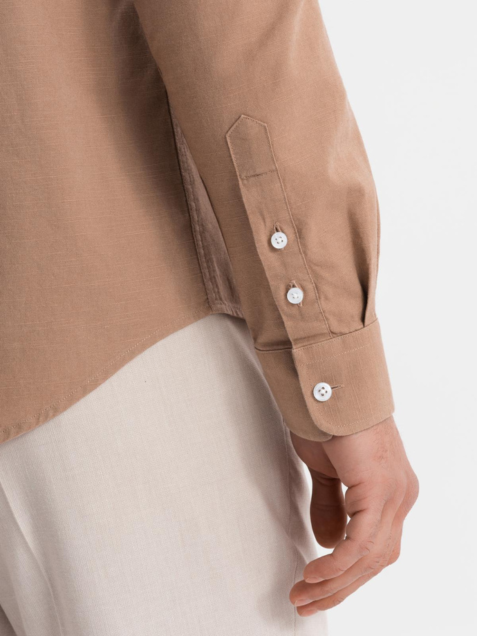 Men's linen shirt with stand-up collar and pocket REGULAR FIT - light brown V7 OM-SHCS-0161