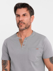 Men's t-shirt with button neckline and suede trim - grey V3 OM-TSCT-0206