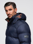 Men's puffer jacket with check lining - navy blue V1 OM-JAHP-0205