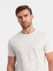 Tricou bărbătesc cu imprimeu complet în frunze de palmier - bej deschis V1 OM-TSFP-0182