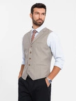 Kamizelka męska garniturowa z kołnierzem - beżowa V3 OM-BLZV-0109