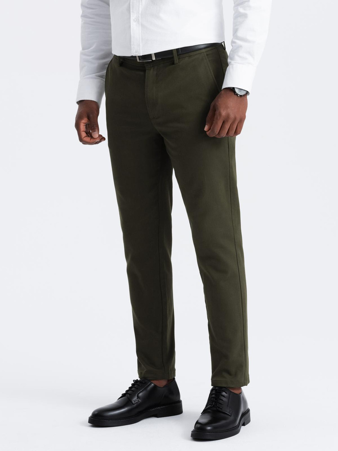 Pánské chino kalhoty SLIM FIT s jemnou strukturou - tmavě olivově zelené V4 OM-PACP-0190