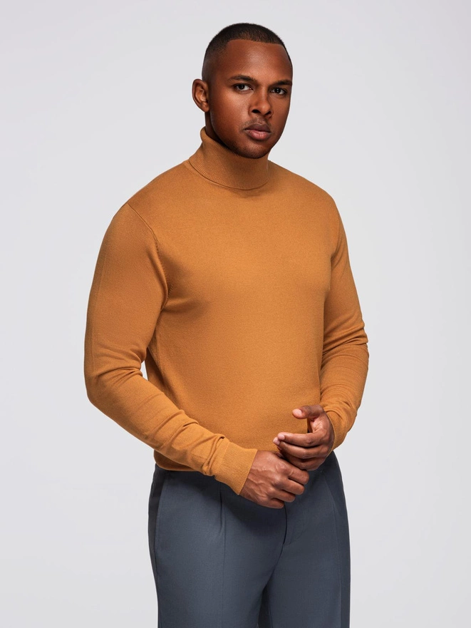 Men's knitted single-color turtleneck with viscose - camel V8 OM-SWTN-0101