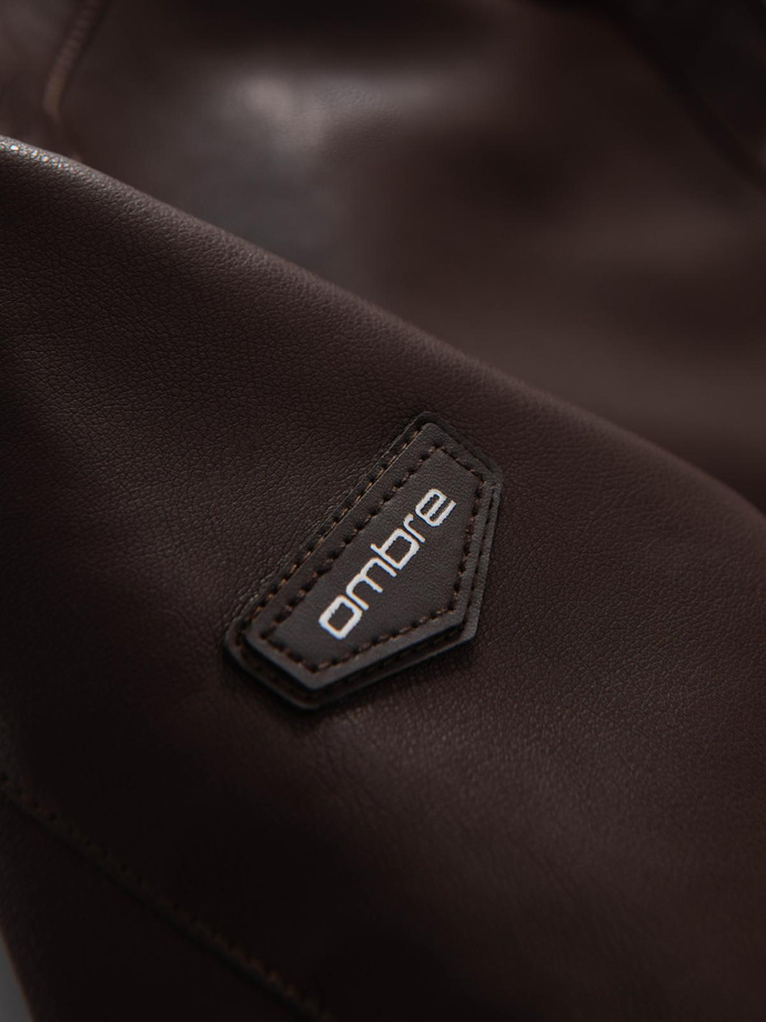 Men's imitation leather jacket with ribbed hem - dark brown V1 OM-JAFL-0109
