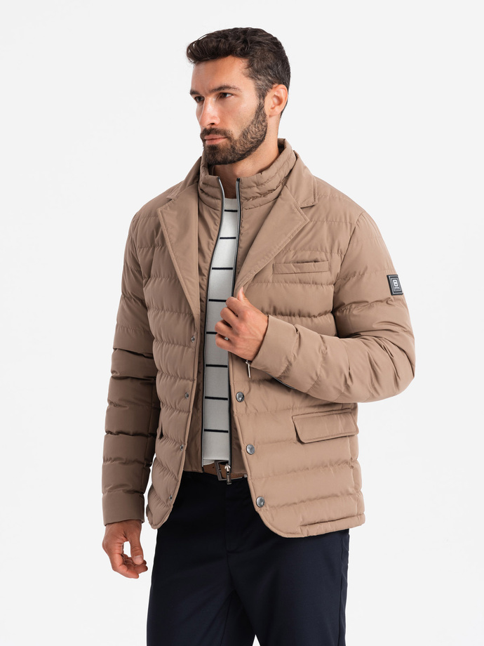 Men's quilted jacket with jacket cut - beige V5 OM-JALP-0188
