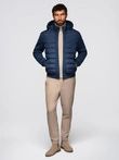 Quilted bomber jacket with hood and knitted sleeves - navy blue V2 OM-JALP-0298