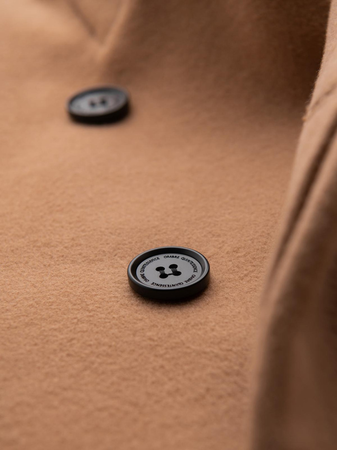 Men's coat with asymmetrical fastening and high collar - light brown V4 OM-COWC-0141