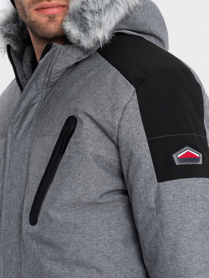 Men's winter jacket with adjustable hood with detachable fur - grey and black V1 OM-JAHP-0144