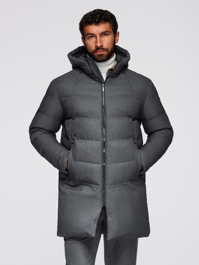Men's long quilted jacket with hood - grey V2 OM-JALJ-0264