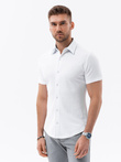 Men's knitted slim fit shirt with short sleeves and collar - white V1 OM-SHSS-0100