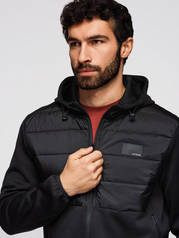 Men's lightweight jacket of combined materials with hood and decorative quilting - black V5 OM-JANP-0160 
