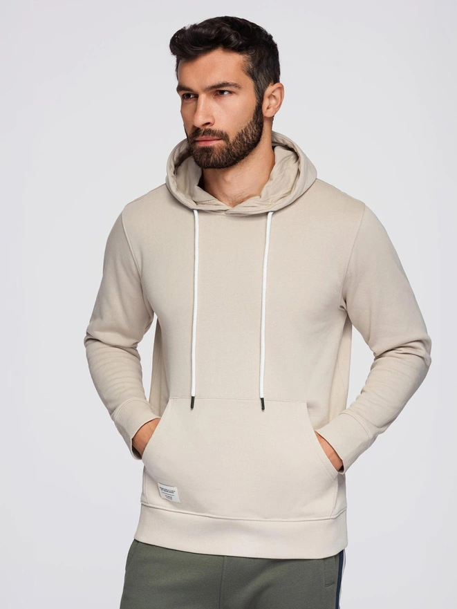 Men's kangaroo hooded sweatshirt - light beige V1 OM-SSBN-0177