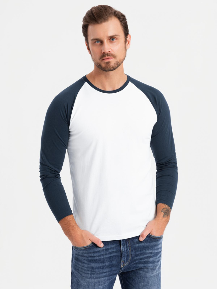 Manșon lung pentru bărbați cu mâneci raglan contrastante - alb și navy V1 OM-LSCL-0105
