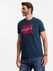 Tricou bărbătesc din bumbac cu logo dublu - albastru marin V3 OM-TSPT-0210