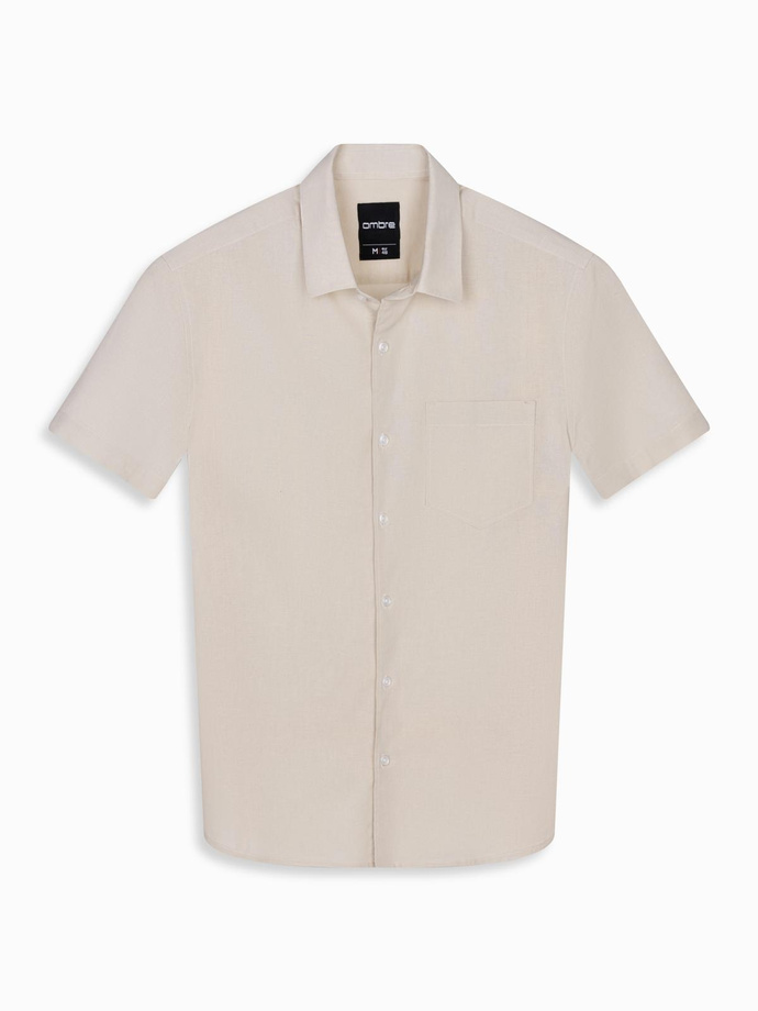 Men's short-sleeved linen-cotton shirt with pocket - beige V4 OM-SHSS-0167