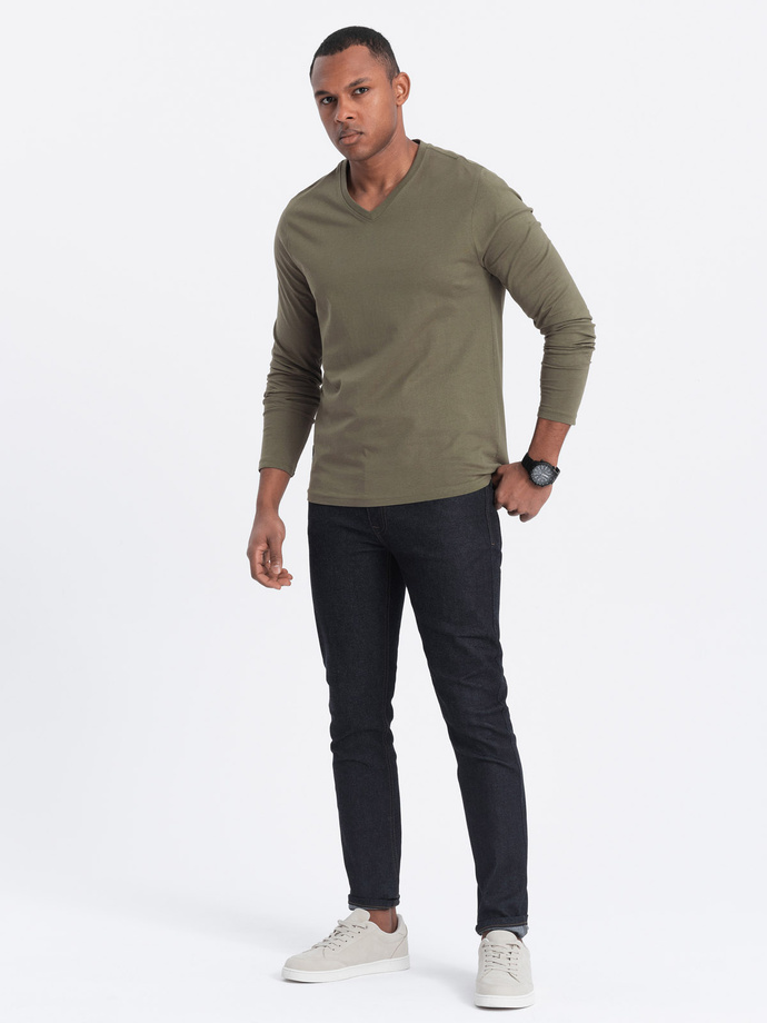 Men's unprinted longsleeve with v-neck - dark olive V2 OM-LSBL-0108