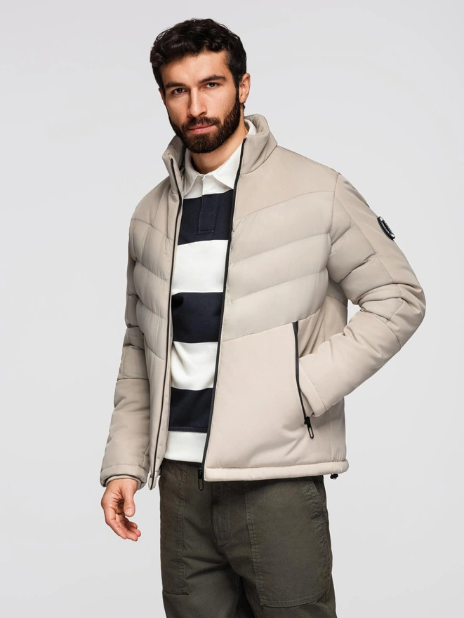 Pánska kombinovaná prešívaná bunda s vysokým golierom - béžová V4 OM-JALP-0172