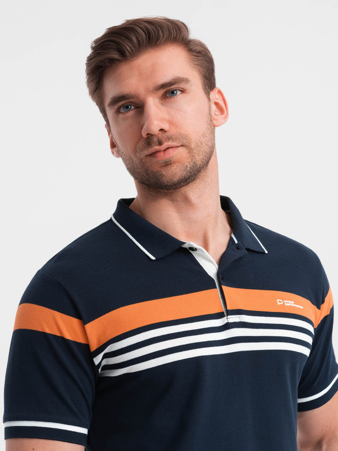 Tricou polo pentru bărbați cu dungi în două tonuri - albastru marin V1 OM-POSS-0127