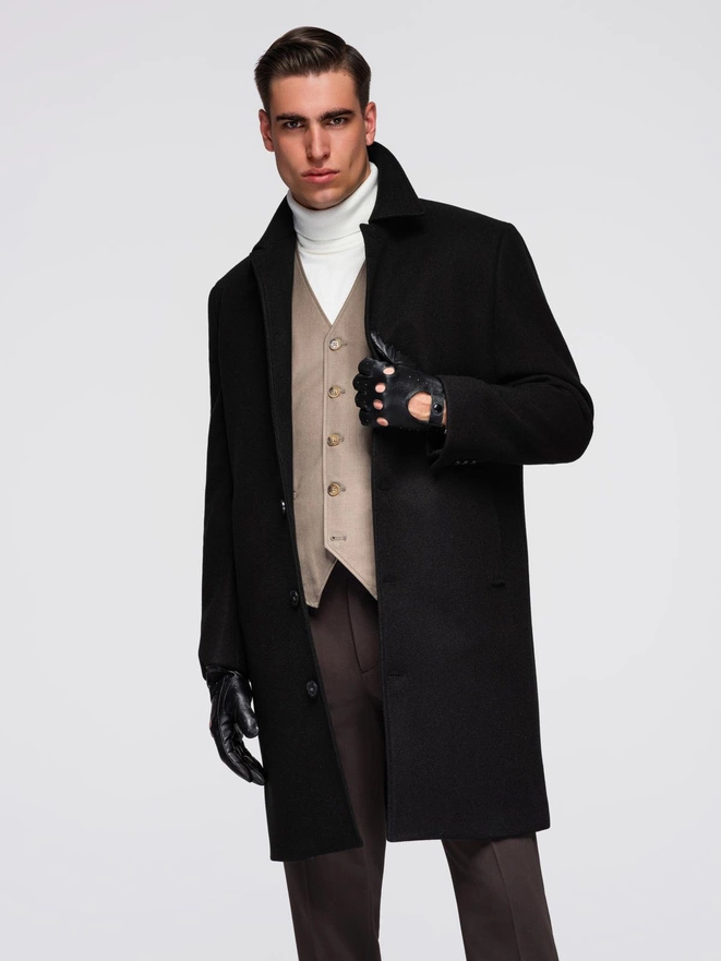 Men's long single-breasted coat with collar and undercoat - black V1 OM-COWC-0106