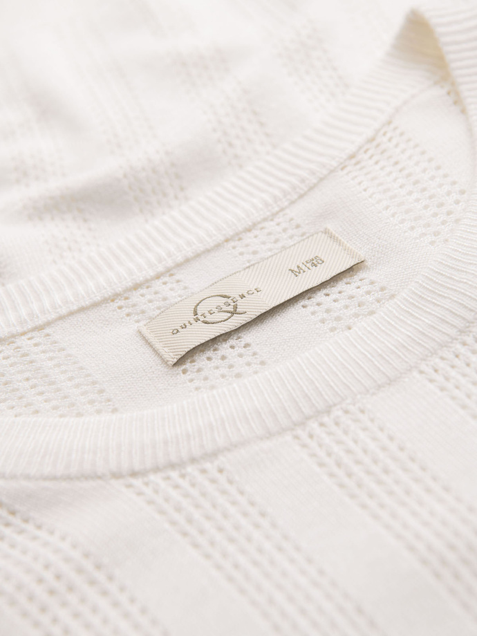 Pánsky ažurový sveter s okrúhlym výstrihom a krátkymi rukávmi - biely V1 OM-TSCT-0251