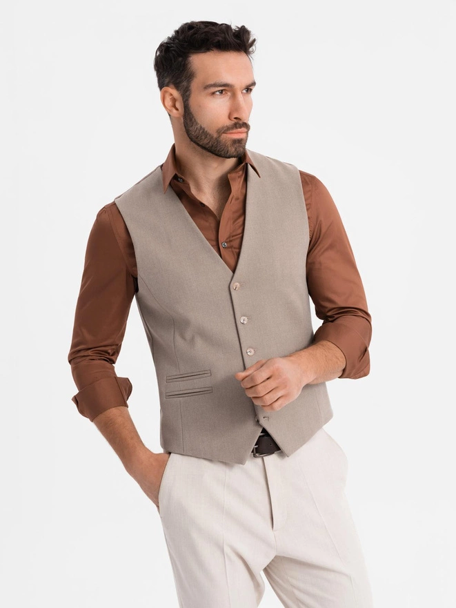 Vestă de costum pentru bărbați cu detalii clasice și căptușeală - bej V1 OM-BLZV-0142