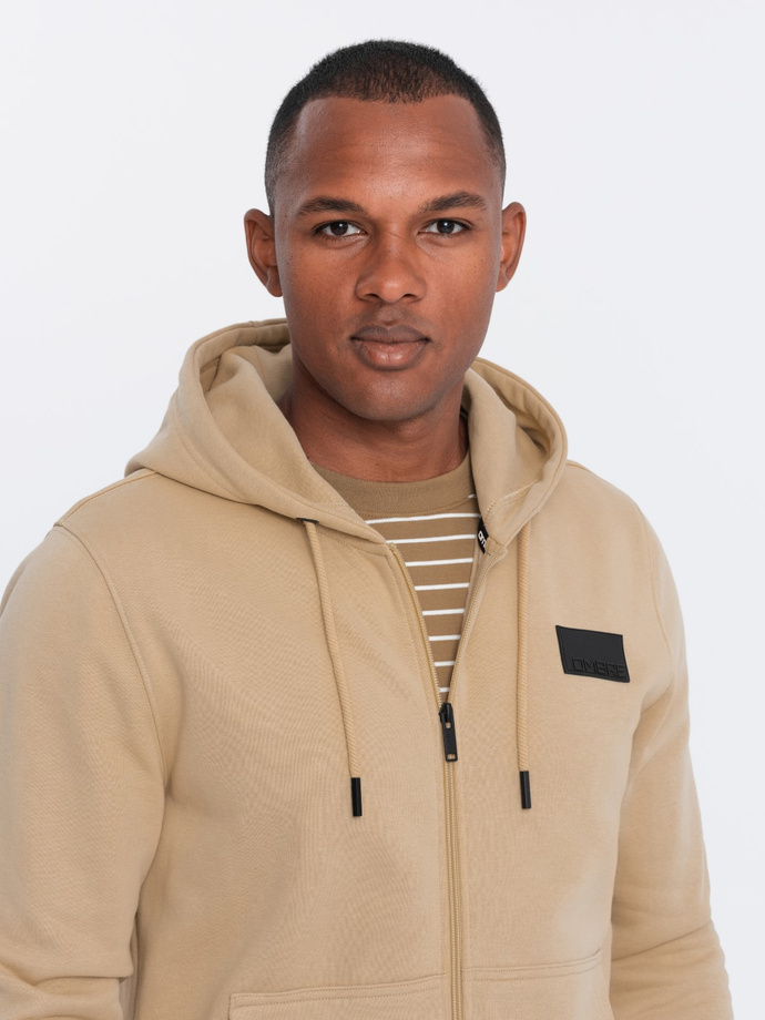Men's unbuttoned sweatshirt with hood and patch - sand V2 OM-SSZP-0140