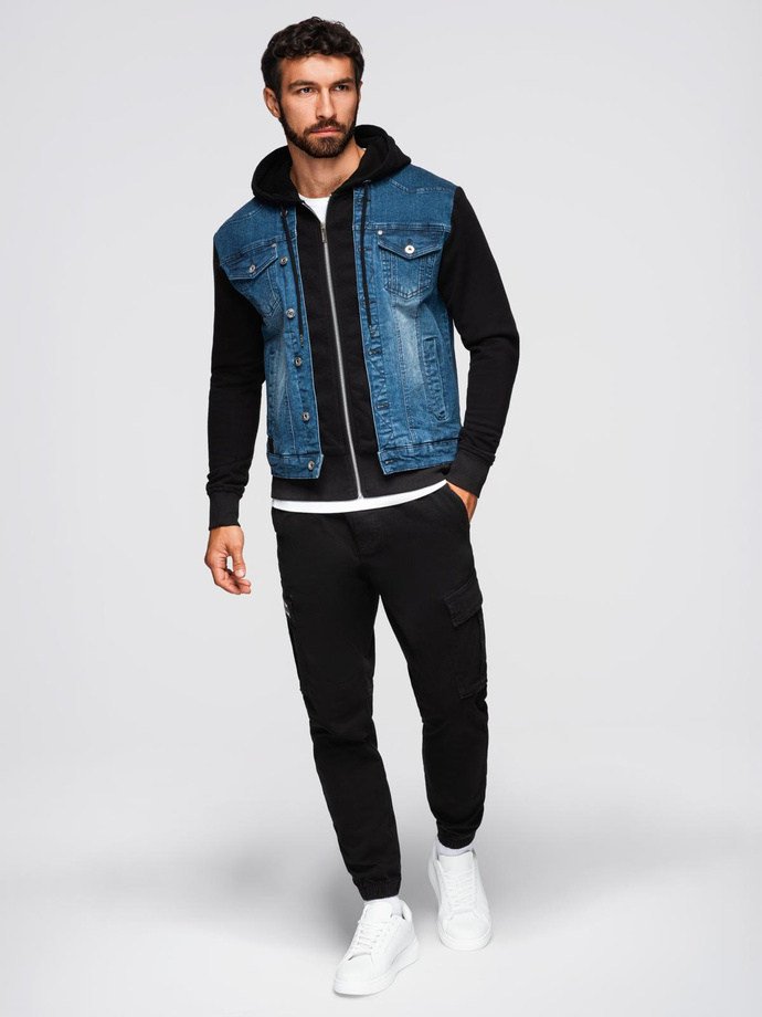 Jachetă din denim pentru bărbați cu mâneci tricotate și glugă - albastru și negru V2 OM-JADJ-0220