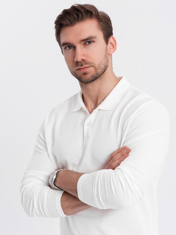 BASIC pánske tričko s dlhým rukávom a golierom - biele V1 OM-POBL-0114